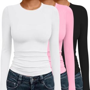 image:imageEkouaer 3 Pack Women Long Sleeve Crew Neck Shirts Basic Thermal Tops Slim Fit Ruch Side Tees Going Out Layering Thirts XSXXLBlackWhitePink