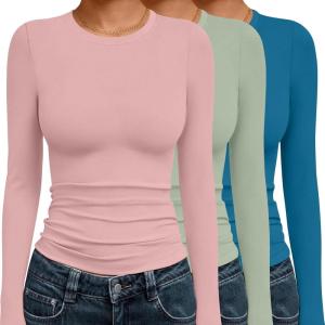 image:imageEkouaer 3 Pack Women Long Sleeve Crew Neck Shirts Basic Thermal Tops Slim Fit Ruch Side Tees Going Out Layering Thirts XSXXLDirty PinkIce GreenDeep Blue