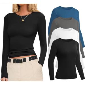 image:imageEkouaer 4 Pack Womens Long Sleeve Basic Shirts Fitted Workout Tops Athletic Underscrubs Undershirts XSXXLBlackBlueWhiteGray