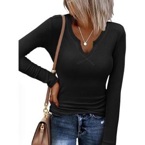 image:imageEkouaer Long Sleeve Shirts for Women V Neck Basic Ribbed T Shirt Thermal Undershirts Slim Fit Casual Tee TopsBlack