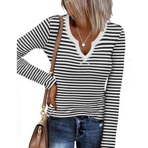 image:imageEkouaer Long Sleeve Shirts for Women V Neck Basic Ribbed T Shirt Thermal Undershirts Slim Fit Casual Tee TopsBlack White Stripe