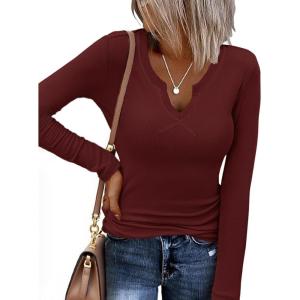 image:imageEkouaer Long Sleeve Shirts for Women V Neck Basic Ribbed T Shirt Thermal Undershirts Slim Fit Casual Tee TopsBurgundy