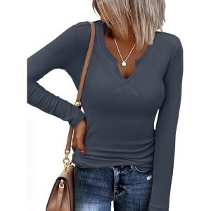 image:imageEkouaer Long Sleeve Shirts for Women V Neck Basic Ribbed T Shirt Thermal Undershirts Slim Fit Casual Tee TopsDark Grey