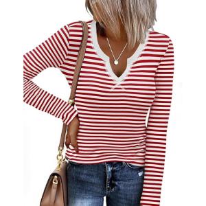 image:imageEkouaer Long Sleeve Shirts for Women V Neck Basic Ribbed T Shirt Thermal Undershirts Slim Fit Casual Tee TopsRed White Stripe