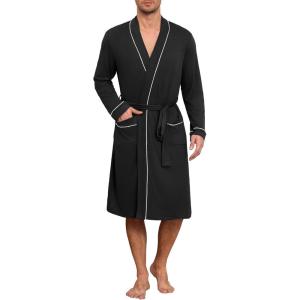image:imageEkouaer Mens Robes Lightweight Knit Bathrobe Long Sleeve Kimono Robe V Neck Spa Knee Length Sleepwear with Pockets SXXLBlack