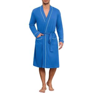 image:imageEkouaer Mens Robes Lightweight Knit Bathrobe Long Sleeve Kimono Robe V Neck Spa Knee Length Sleepwear with Pockets SXXLBlue