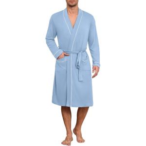 image:imageEkouaer Mens Robes Lightweight Knit Bathrobe Long Sleeve Kimono Robe V Neck Spa Knee Length Sleepwear with Pockets SXXLLight Blue