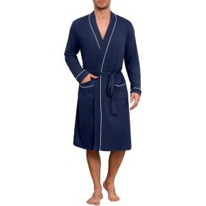 image:imageEkouaer Mens Robes Lightweight Knit Bathrobe Long Sleeve Kimono Robe V Neck Spa Knee Length Sleepwear with Pockets SXXLNavy Blue
