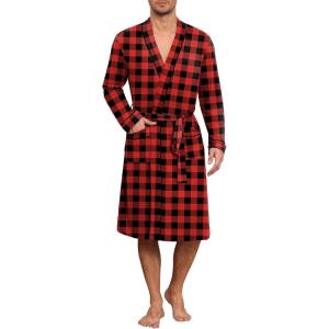 image:imageEkouaer Mens Robes Lightweight Knit Bathrobe Long Sleeve Kimono Robe V Neck Spa Knee Length Sleepwear with Pockets SXXLRed Plaid