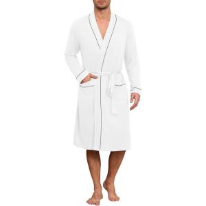 image:imageEkouaer Mens Robes Lightweight Knit Bathrobe Long Sleeve Kimono Robe V Neck Spa Knee Length Sleepwear with Pockets SXXLWhite