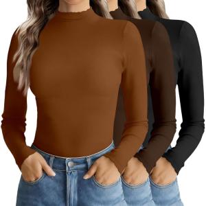 image:imageEkouaer Mock Neck Tops for Women Turtleneck 3 Pack Thermal Long Sleeve Women Womens Undershirts Casual Turtle Neck UndershirtBlackBrownLight Brown