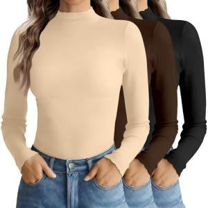 image:imageEkouaer Mock Neck Tops for Women Turtleneck 3 Pack Thermal Long Sleeve Women Womens Undershirts Casual Turtle Neck UndershirtBlackBrownYellow