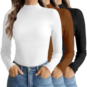 image:imageEkouaer Mock Neck Tops for Women Turtleneck 3 Pack Thermal Long Sleeve Women Womens Undershirts Casual Turtle Neck UndershirtBlackWhiteLight Brown
