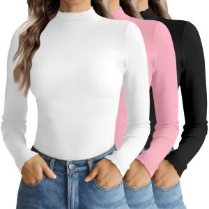 image:imageEkouaer Mock Neck Tops for Women Turtleneck 3 Pack Thermal Long Sleeve Women Womens Undershirts Casual Turtle Neck UndershirtBlackWhitePink