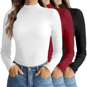 image:imageEkouaer Mock Neck Tops for Women Turtleneck 3 Pack Thermal Long Sleeve Women Womens Undershirts Casual Turtle Neck UndershirtBlackWhiteWine Red