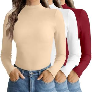 image:imageEkouaer Mock Neck Tops for Women Turtleneck 3 Pack Thermal Long Sleeve Women Womens Undershirts Casual Turtle Neck UndershirtWine RedWhiteYellow