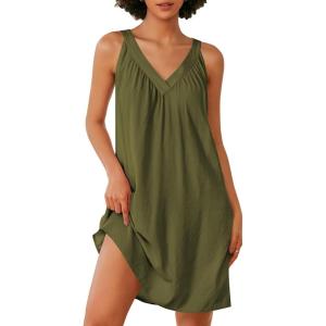 image:imageEkouaer Nightgown for Women Sleeveless Sleepwear Lightweight Racerback Sleep Shirt Pleated V Neck Night Dress Short ChemiseArmy Green