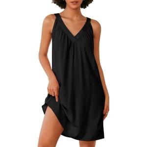 image:imageEkouaer Nightgown for Women Sleeveless Sleepwear Lightweight Racerback Sleep Shirt Pleated V Neck Night Dress Short ChemiseBlack