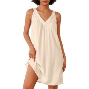 image:imageEkouaer Nightgown for Women Sleeveless Sleepwear Lightweight Racerback Sleep Shirt Pleated V Neck Night Dress Short ChemiseKhaki