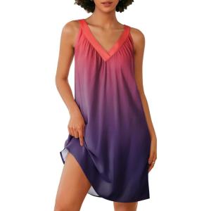 image:imageEkouaer Nightgown for Women Sleeveless Sleepwear Lightweight Racerback Sleep Shirt Pleated V Neck Night Dress Short ChemiseTie Dye Red  Purple
