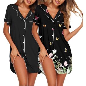 image:imageEkouaer Nightgowns for Women 2 Pack Button Down Sleepwear Short Sleeve Sleepshirts Soft Nightshirts Boyfriend Pajama DressBlackBlack Butterfly