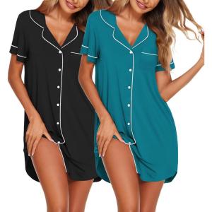image:imageEkouaer Nightgowns for Women 2 Pack Button Down Sleepwear Short Sleeve Sleepshirts Soft Nightshirts Boyfriend Pajama DressBlackBlue Green