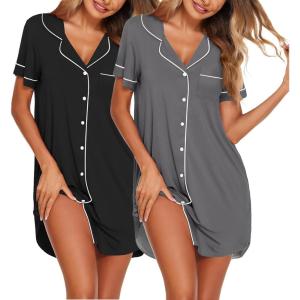 image:imageEkouaer Nightgowns for Women 2 Pack Button Down Sleepwear Short Sleeve Sleepshirts Soft Nightshirts Boyfriend Pajama DressBlackGrey
