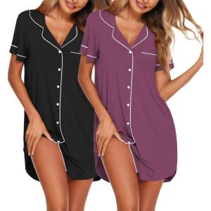 image:imageEkouaer Nightgowns for Women 2 Pack Button Down Sleepwear Short Sleeve Sleepshirts Soft Nightshirts Boyfriend Pajama DressBlackPurple Red