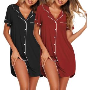 image:imageEkouaer Nightgowns for Women 2 Pack Button Down Sleepwear Short Sleeve Sleepshirts Soft Nightshirts Boyfriend Pajama DressBlackWine Red