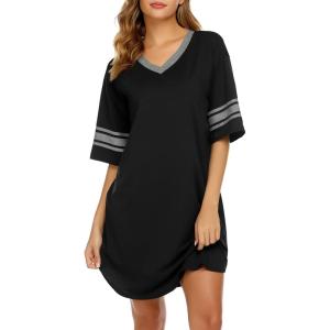 image:imageEkouaer Nightgowns for Women Cotton Night Gown Short Sleeve Sleepwear V Neck Color Block Sleep Shirts Ladies Night ShirtsAablack