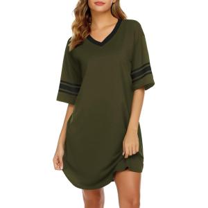 image:imageEkouaer Nightgowns for Women Cotton Night Gown Short Sleeve Sleepwear V Neck Color Block Sleep Shirts Ladies Night ShirtsAarmy Green