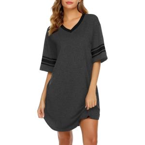 image:imageEkouaer Nightgowns for Women Cotton Night Gown Short Sleeve Sleepwear V Neck Color Block Sleep Shirts Ladies Night ShirtsAdark Grey