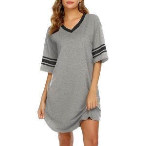 image:imageEkouaer Nightgowns for Women Cotton Night Gown Short Sleeve Sleepwear V Neck Color Block Sleep Shirts Ladies Night ShirtsAgrey