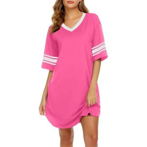 image:imageEkouaer Nightgowns for Women Cotton Night Gown Short Sleeve Sleepwear V Neck Color Block Sleep Shirts Ladies Night ShirtsAhot Pink