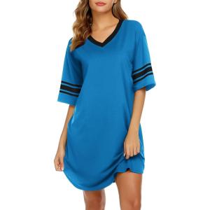 image:imageEkouaer Nightgowns for Women Cotton Night Gown Short Sleeve Sleepwear V Neck Color Block Sleep Shirts Ladies Night ShirtsAlight Blue
