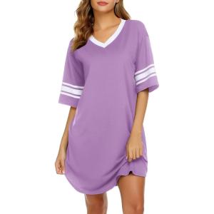 image:imageEkouaer Nightgowns for Women Cotton Night Gown Short Sleeve Sleepwear V Neck Color Block Sleep Shirts Ladies Night ShirtsAlilac