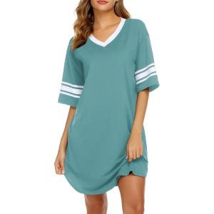 image:imageEkouaer Nightgowns for Women Cotton Night Gown Short Sleeve Sleepwear V Neck Color Block Sleep Shirts Ladies Night ShirtsAmint Green