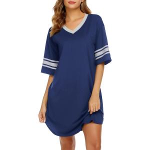 image:imageEkouaer Nightgowns for Women Cotton Night Gown Short Sleeve Sleepwear V Neck Color Block Sleep Shirts Ladies Night ShirtsAnavy