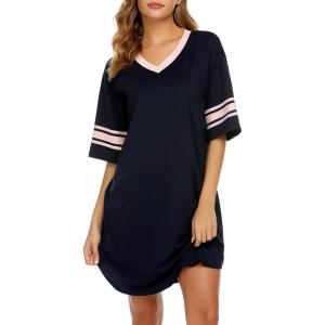 image:imageEkouaer Nightgowns for Women Cotton Night Gown Short Sleeve Sleepwear V Neck Color Block Sleep Shirts Ladies Night ShirtsAnavy Blue