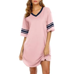 image:imageEkouaer Nightgowns for Women Cotton Night Gown Short Sleeve Sleepwear V Neck Color Block Sleep Shirts Ladies Night ShirtsApink