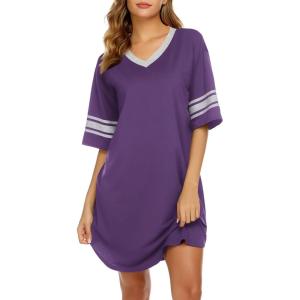 image:imageEkouaer Nightgowns for Women Cotton Night Gown Short Sleeve Sleepwear V Neck Color Block Sleep Shirts Ladies Night ShirtsApurple