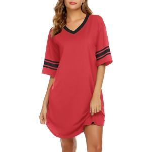 image:imageEkouaer Nightgowns for Women Cotton Night Gown Short Sleeve Sleepwear V Neck Color Block Sleep Shirts Ladies Night ShirtsAred