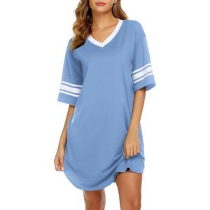 image:imageEkouaer Nightgowns for Women Cotton Night Gown Short Sleeve Sleepwear V Neck Color Block Sleep Shirts Ladies Night ShirtsAsky Blue