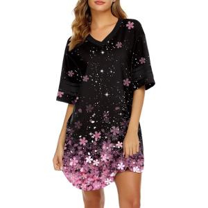 image:imageEkouaer Nightgowns for Women Cotton Night Gown Short Sleeve Sleepwear V Neck Color Block Sleep Shirts Ladies Night ShirtsBcherry Blossoms Black