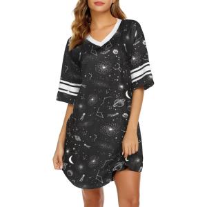 image:imageEkouaer Nightgowns for Women Cotton Night Gown Short Sleeve Sleepwear V Neck Color Block Sleep Shirts Ladies Night ShirtsBgalaxy Black