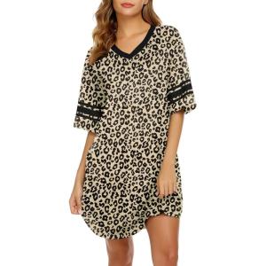 image:imageEkouaer Nightgowns for Women Cotton Night Gown Short Sleeve Sleepwear V Neck Color Block Sleep Shirts Ladies Night ShirtsBleopard
