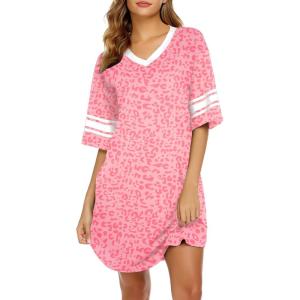 image:imageEkouaer Nightgowns for Women Cotton Night Gown Short Sleeve Sleepwear V Neck Color Block Sleep Shirts Ladies Night ShirtsCleopard Orange