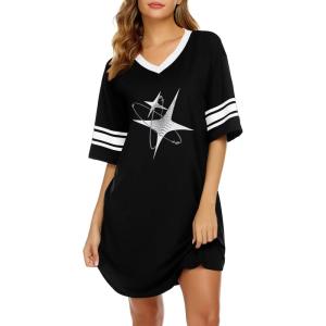 image:imageEkouaer Nightgowns for Women Cotton Night Gown Short Sleeve Sleepwear V Neck Color Block Sleep Shirts Ladies Night ShirtsCstar Black