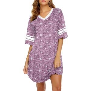 image:imageEkouaer Nightgowns for Women Cotton Night Gown Short Sleeve Sleepwear V Neck Color Block Sleep Shirts Ladies Night ShirtsCstars Purple