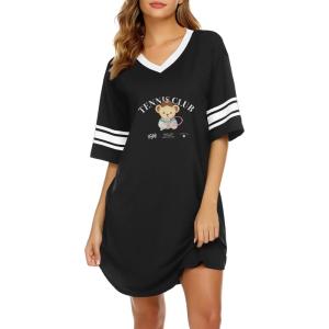 image:imageEkouaer Nightgowns for Women Cotton Night Gown Short Sleeve Sleepwear V Neck Color Block Sleep Shirts Ladies Night ShirtsCteddy Black